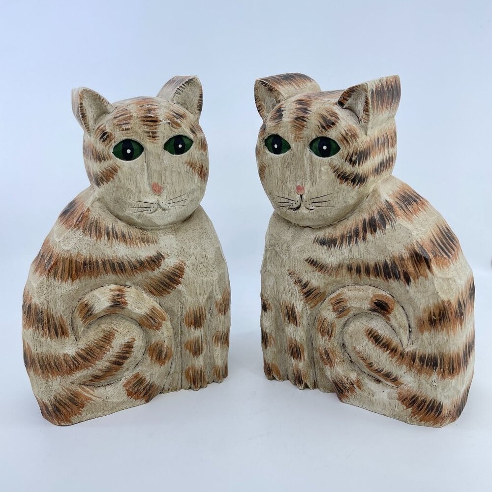 james haddon hand carved wooden cat bookends double sided green eyed 8 5/8" tall